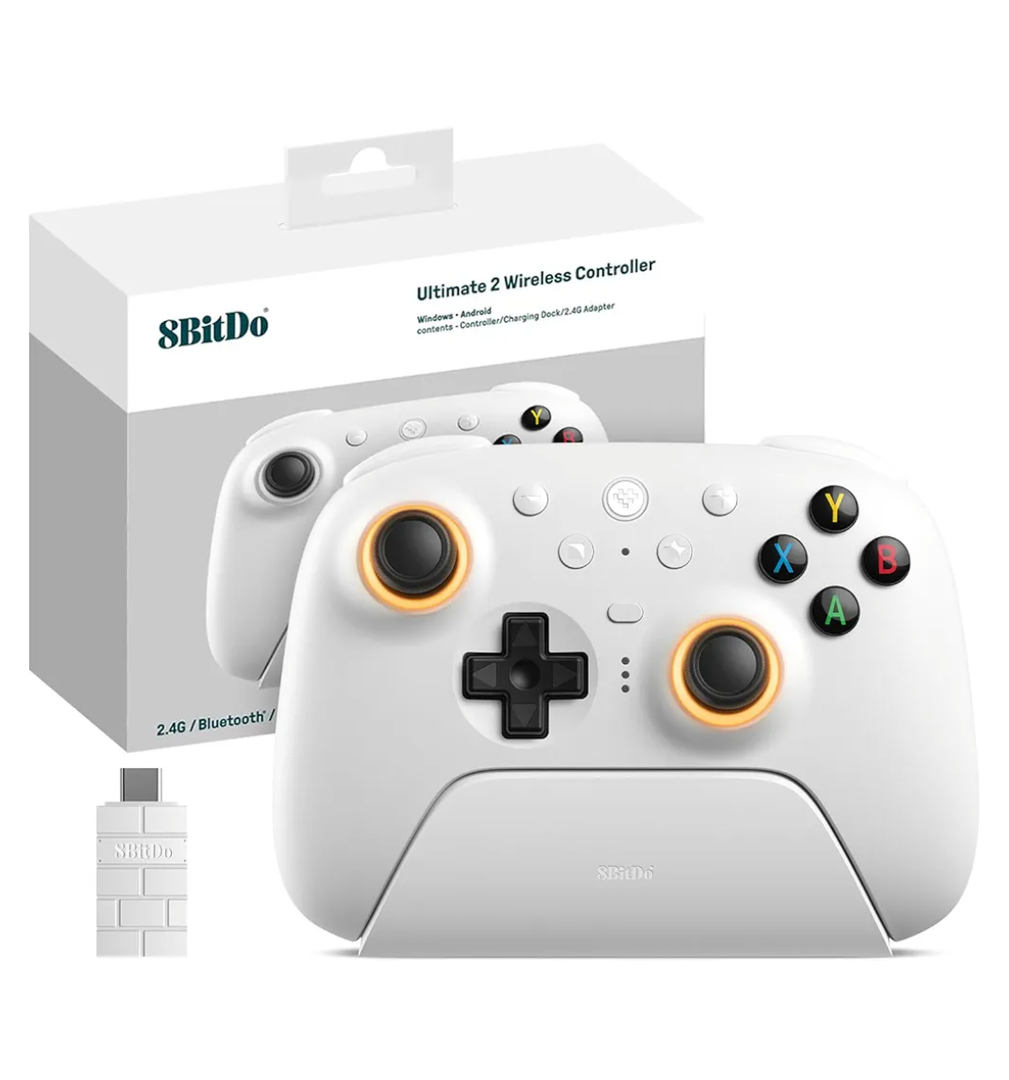 8Bitdo Ultimate 2 Wireless 2.4G Controller (TMR Joystick Update), Star-Ring RGB Lights, Adjustable Trigger Locks, Gamepad with Charging Dock for Windows PC, Android (White)