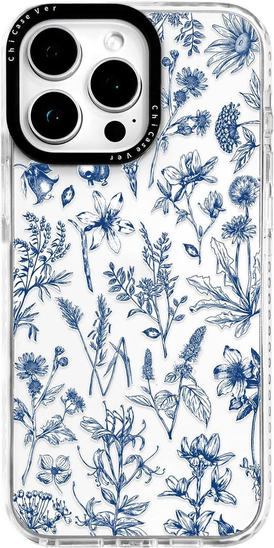 for iPhone 16 Pro Case, Vintage Botanical Pattern with Blue Flowers, Military-Grade Drop Protection, Vintage Soft Slim TPU Protective Cover with Camera Lens Protection for Women & Girls