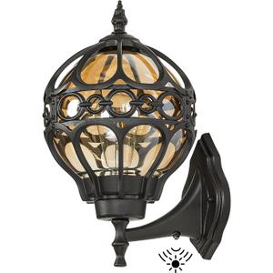 Dusk to Dawn Outdoor Lighting, Black Porch Wall Lights, Black Globe Aluminum Exterior House Lantern Wall Mount with Amber Glass, Anti-Rust Waterproof Outside Light Fixtures for Patio Doorway Garage (15"(H), 1 Pack)