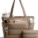 Puffer Tote Bag for Women, Lightweight Puffy Work Handbag Teacher Nurse Quilted Shoulder Bag for School Travel Gym | Cloud Bag w/ Zipper, Daily College Bags, 15.6" Computer Bag, Clinical Nursing Bag, 40 OZ Tumbler Holder, Ideal Gift for Women (Dark Khaki)