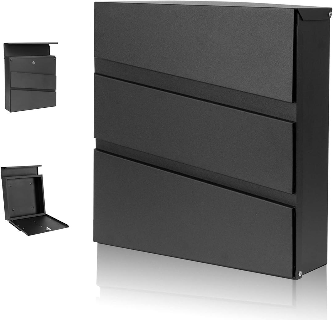 Wall-Mount Mailbox with Lock and Keys, Security Key Drop Box for House Outside, Locking Postbox, Steel Metal Rust-Proof Mailbox, 11.02 x 11.02 x 4.33 Inch, Black, MD002
