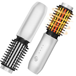 Cordless Curling Iron Brush,1.5-inch Mini Travel Curling Iron, 3-in-1 Portable Heated Round Straightening Brush, Rechargeable Curlings Irons, for Curls, Straightening, De-frizzing, and Styling, White