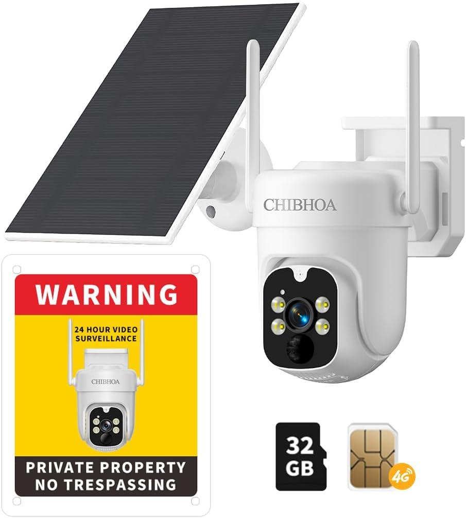 4G LTE Solar Security Camera - No WiFi Cellular Outdoor Camera with 2K Color Night Vision, PIR Motion Detection, 2-Way Audio, Siren Alarm, 360 Live View, SIM Card & 32GB SD Card Included