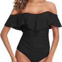 Womens Retro One Piece Bathing Suit Tummy Control Off Shoulder Swimsuit Flounce Ruffled Monokini Full Coverage L 