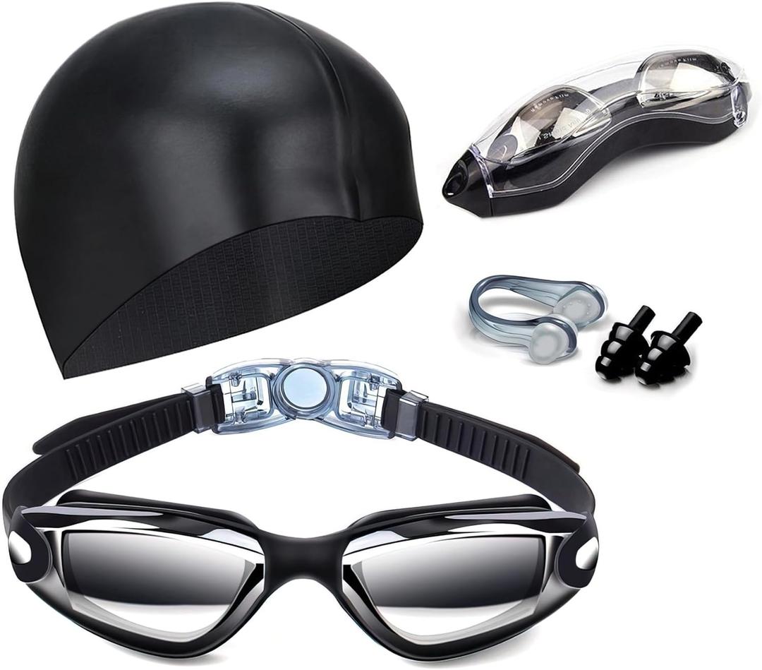 Swim Goggles Swimming Goggles No Leaking with Nose Clip, Earplugs, Swim Cap and Case for Men Women (Black)