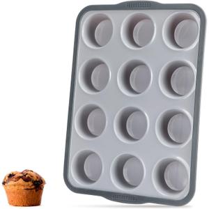 Aichoof 12 Cup Silicone Muffin Pan, Non-Stick Baking Mold w/Steel Frame | Food Grade Silicone, Heat Resistant -40F to 440F, Dishwasher Safe, Grey