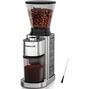 Aromaster Conical Coffee Bean Grinder, 48 Settings, Anti-Static, Sliver | Stainless Steel, 40S Adjustable Timer, Removable Burr, Brush for Easy Cleaning, for Espresso French Press Home Use, Quiet