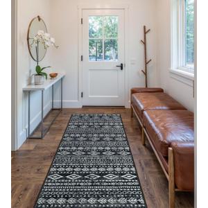 Lahome Boho Moroccan Runners for Hallways, Washable 2.5x8 Black White Hallway Runner Rug Non-Slip, Low-Pile Soft Tribal Print Indoor Bedroom Carpet Runners 8ft for Entryway Kitchen Laundry