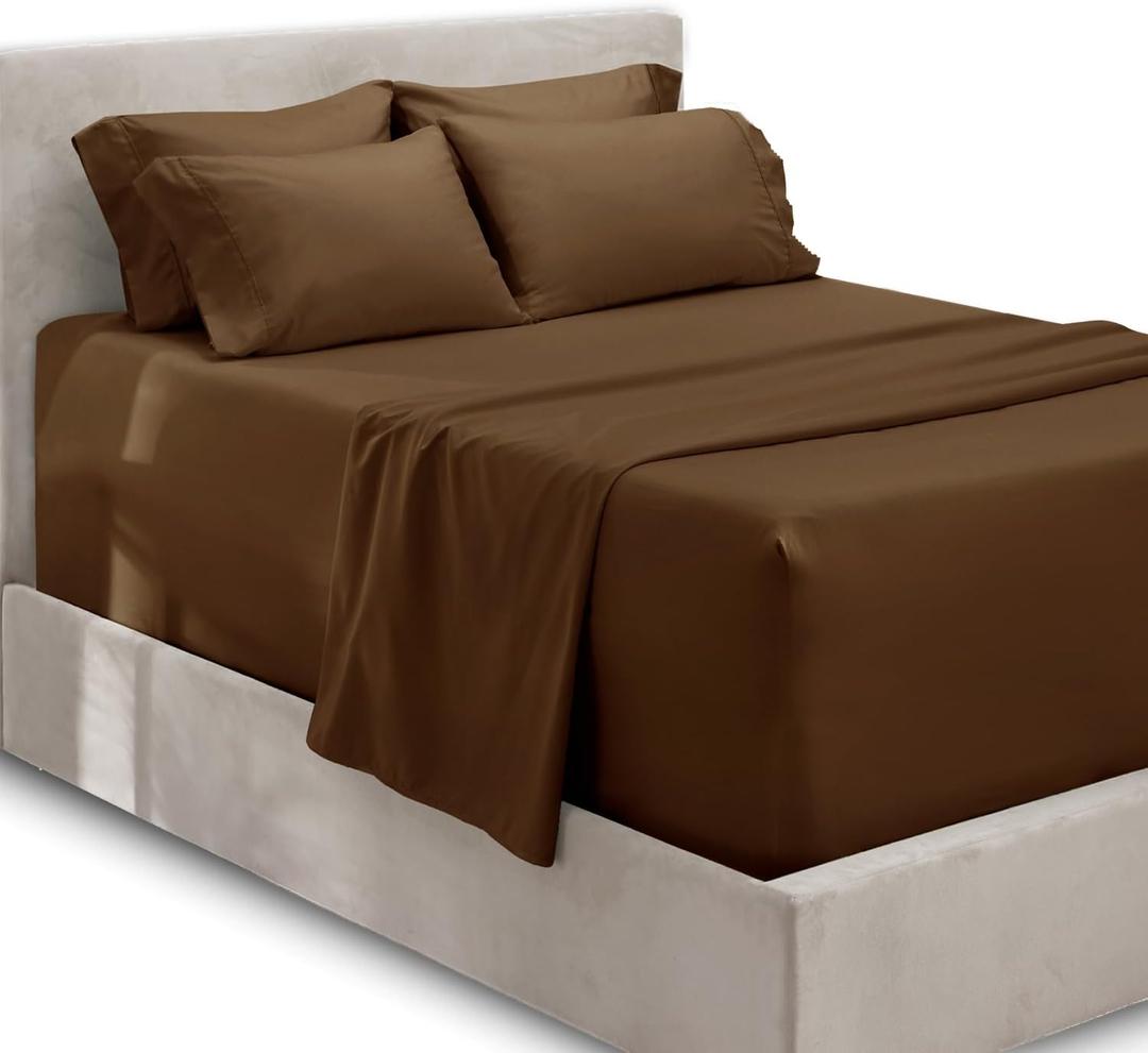 Hearth & Harbor Extra Deep Pocket King Size Sets - Fits Mattress 18-24 Inches Deep - Extra Deep Pocket Sheets - 6 Piece King Size - Brown