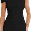 Nsbonu Women Sexy Off Shoulder Mini Dresses Bodycon Ruched Ruffle Hem Club Party Short Dress M