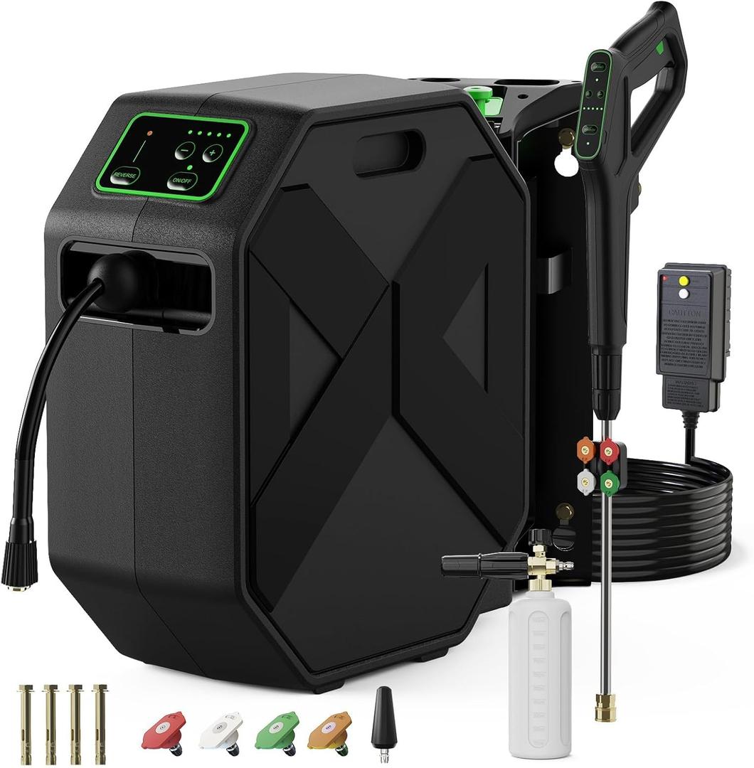 Buyplus Wall Mounted Pressure Washer, 5500PSI 3.8GPM Electric Power Washer, Remote Controlled with 100FT Retractable Hose, GFCI Power Cord, Foam Cannon, 5 Nozzles for Cars, Driveways, Patios, Black