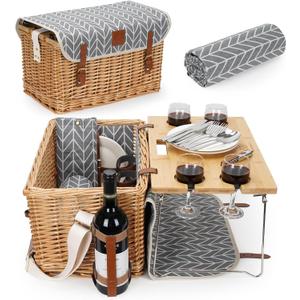 WILLOW WEAVE Luxury Picnic Basket, Wicker Picnic Basket Set for 4, Picnic Basket with Blanket & Portable Table for Camping and Outdoor Party - Gray