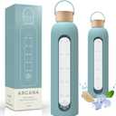 Glass Water Bottle With Time Marker - Borosilicate Reusable Waterbottle With Silicone Sleeve - For travel, Gym, Hiking - Gift For Women and Girls - Motivational Water Bottles (Gelato Blue, 32 OZ)