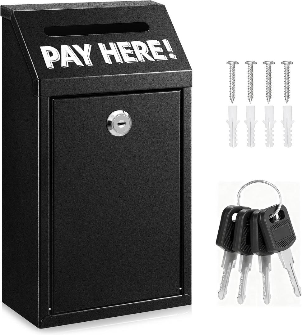 Metal Donation Box with Lock Wall Mounted Cash Money Box with Slot for Cash Deposit, Hualleko Money Drop with Lock and Slot for Home/Office/Outdoors 10.2 x 5.6 x 2.9 Inch(Black)
