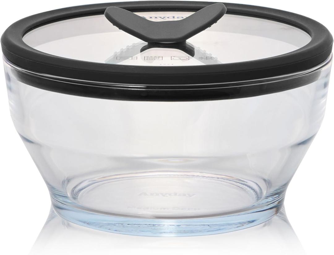 Anyday 4-Cup Glass Food Storage with Glass Lid, Round Deep Dish | Plastic-Free Meal Prep & Microwave Cookware | Stackable Airtight Storage Container with Vented Lid for Microwave-Safe Reheating