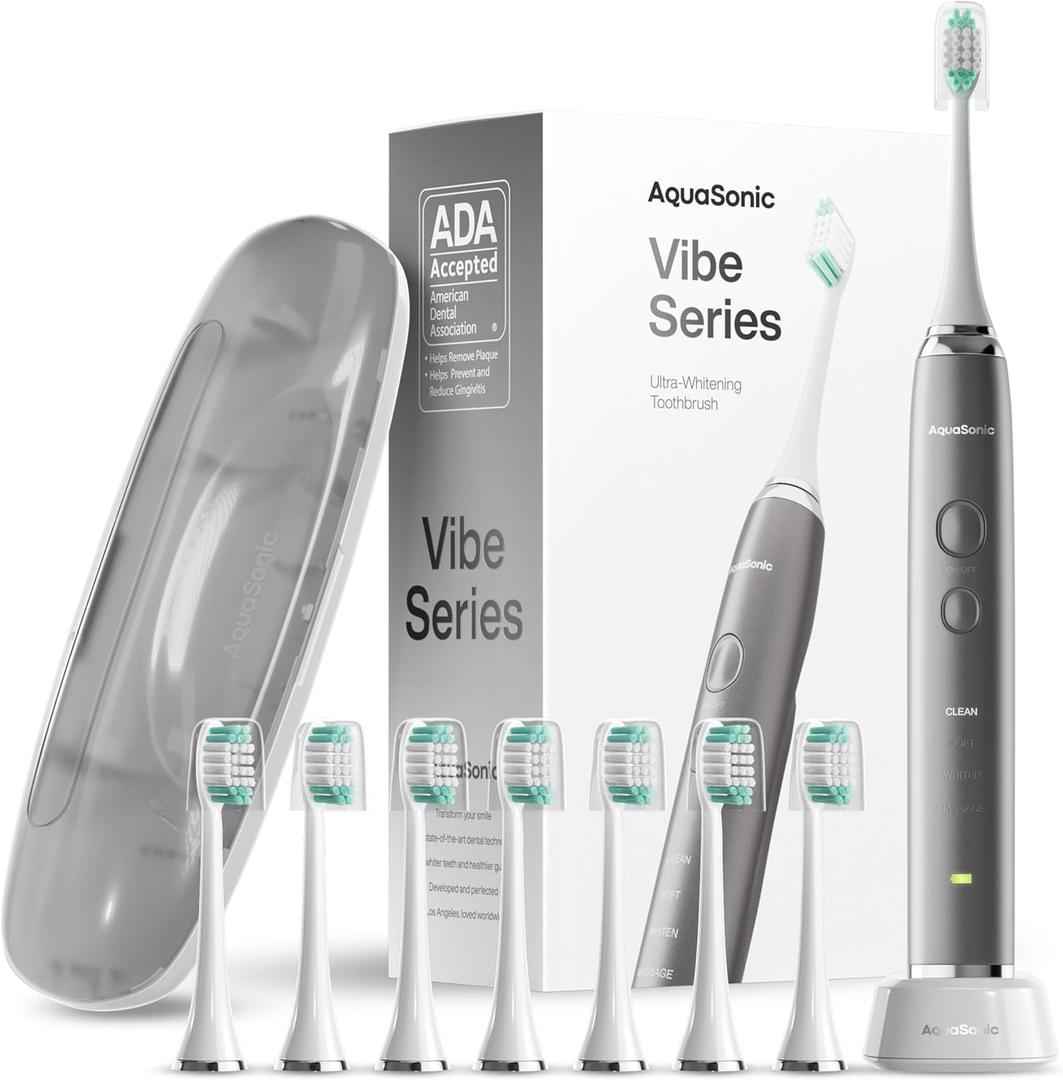 Aquasonic Vibe Series Ultra-Whitening Toothbrush  ADA Accepted Electric Toothbrush - 8 Brush Heads & Travel Case  40,000 VPM Motor & Wireless Charging - 4 Modes w Smart Timer  Charcoal Metallic
