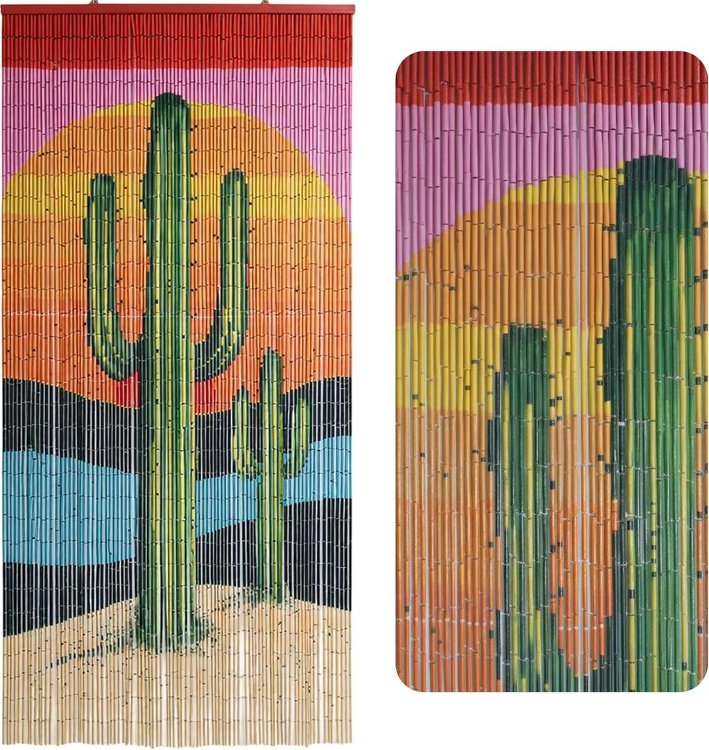 Vietbud Dcor Cactus Bamboo Beaded Curtains for Doorways, Decorative Room Divider, Natural Vietnamese Craft, Indoor Hanging Bamboo Blinds, Sturdy Hook, Easy to Clean, 35.43 x 78.74 Inches