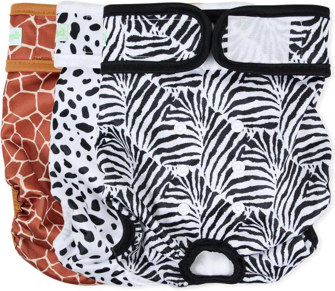 wegreeco Washable Dog Diapers (3 Pack), Highly Absorbent Dog Diapers for Female Dogs, Female Dogs in Heat, Period, Incontinence, or Excitable Urination (Zebra, Giraffe, Spotty, Large) (Large (15"-17" Waist))