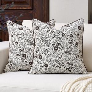 Aeckself Pack of 2 Decorative Chenille Floral Throw Pillow Covers Vintage Couch Pillow Covers 18 x 18 Inch Neutral Farmhouse Cushion Covers Home Decor for Sofa Bed Living Room Beige