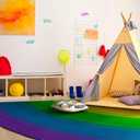 Flagship Carpets Rainbow Area Rug for Kids Classroom, Home Learning Area, Playroom Mat or Childrens Bedroom Carpet, 6ft Across, Quarter Circle