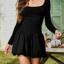 HYPERFIRE Women's Elegant Long Sleeve Scoop Neck Puff Bubble Mini Cocktail Dress Party Club (Black, XS)