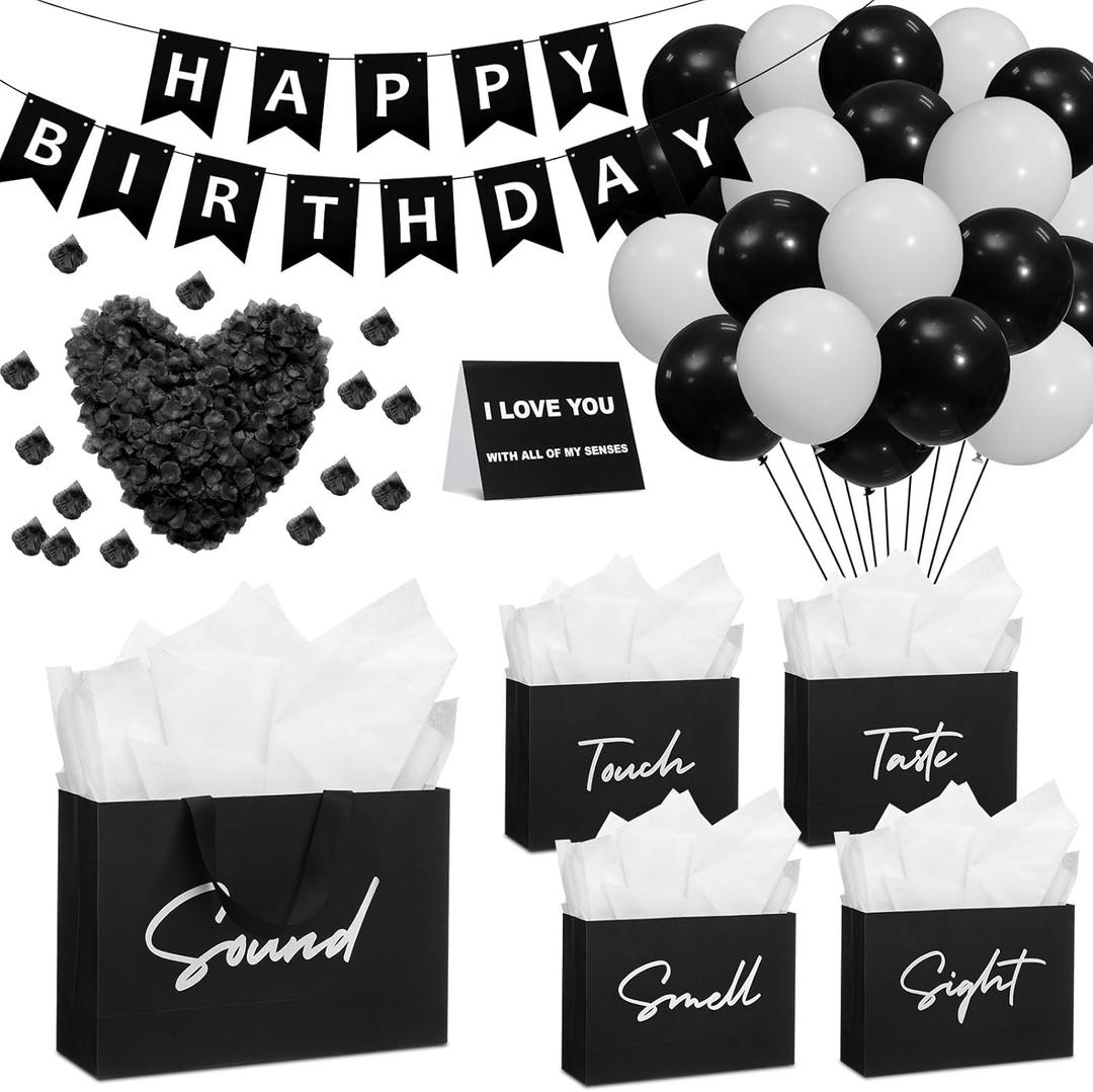 Soulchen 5 Senses Gift Bags for Him Her with Labels, Five Senses Gift Birthday Party Decoration Tissue Paper Handles, Comes with Rose Petals Banner Balloons for Party(Birthday,Black White)