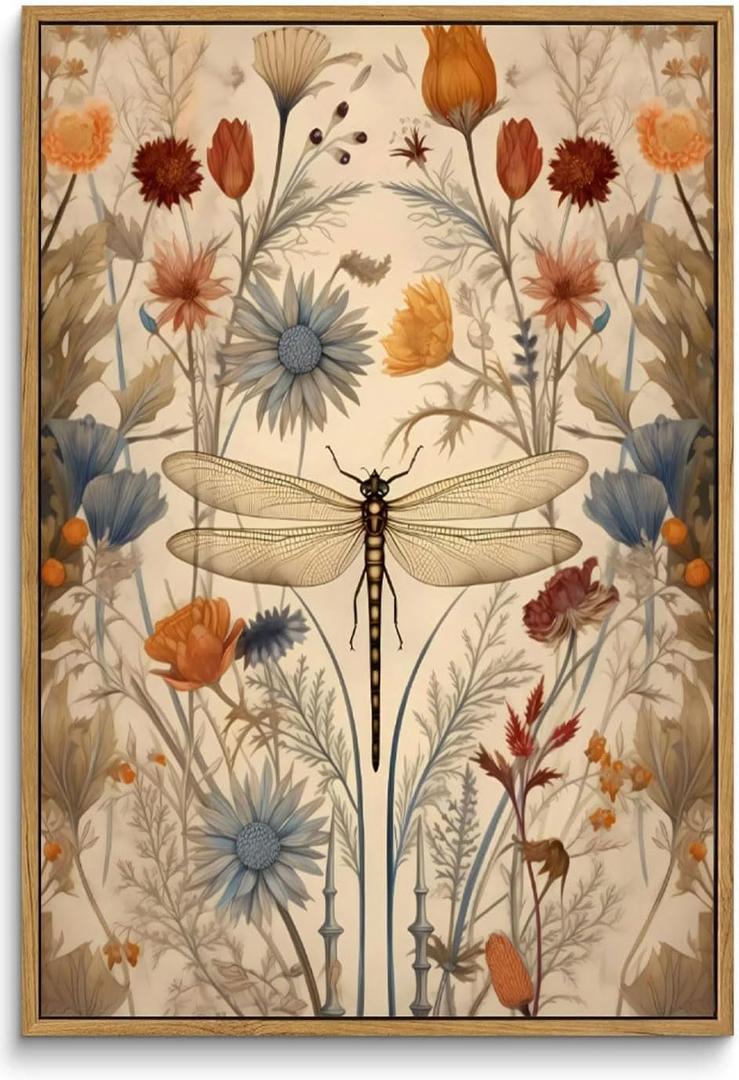 Framed Vintage Dragonfly Canvas Wall Art Picture Boho Natural Poster Prints Farmhouse Cottagecore Wall Decor for Living Room Bedroom 16x24in