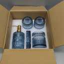 EMPO 6PCS Bathroom Clear Glass Accessories Set (Lotion Soap Dispenser, Soap Dish, Toothbrush Holder, Tumbler, Cotton Swab Jar), Contemporary Modern Decor Crystal Vintage Gift (6pcs Blue)
