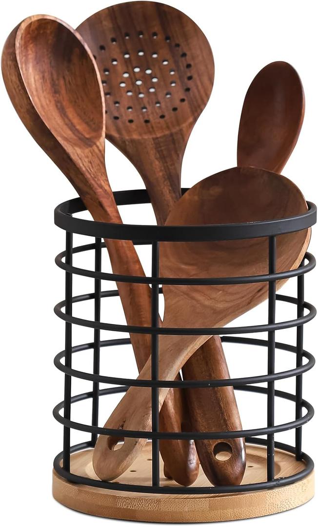 Large Gold Countertop Cooking Utensil Holder with Wooden Base - H6' x W5.2', Kitchen Decor, Organizer for Spatulas