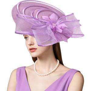Dressfan Womens Church Derby Fascinator Hats,20s 50s Linen Feather Vintage Feather Wedding Tea Party Derby Hats (Purple)