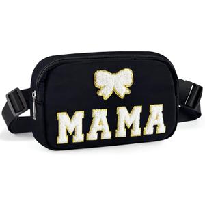 Stocking Stuffers Fanny Packs Christmas Gifts for Mom, Chenille MAMA Bow Patches Crossbody Bags Birthday Gifts From Daughter Son Husband, Black Nylon Women Belt Bag Must Haves for Travel Walking