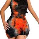 Women's Fringed Tie Dye Bodycon Tank Dresses Sleeveless Crew Neck Slim Fit Pencil Mini Dress (Large, Black)