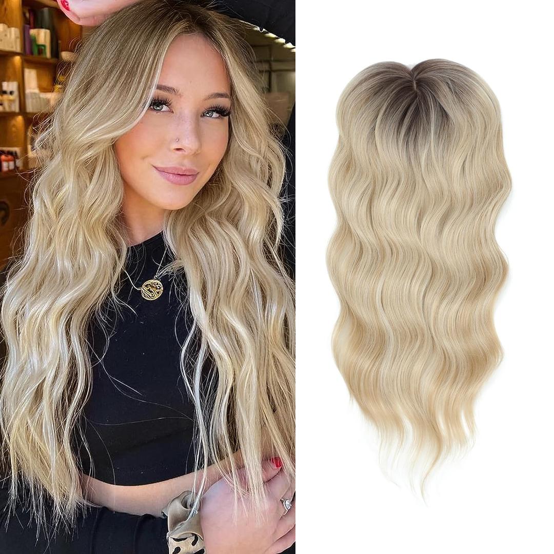 Hair Toppers for Women 20inch Wavy Hair Toppers for Women Toppers Hair Pieces for Women with Thinning Hair Ombre Highlight Synthetic Wig Clip In Hair Topper Wiglets with Fringe Bang Add Hair Volume (Blonde with Dark Root)