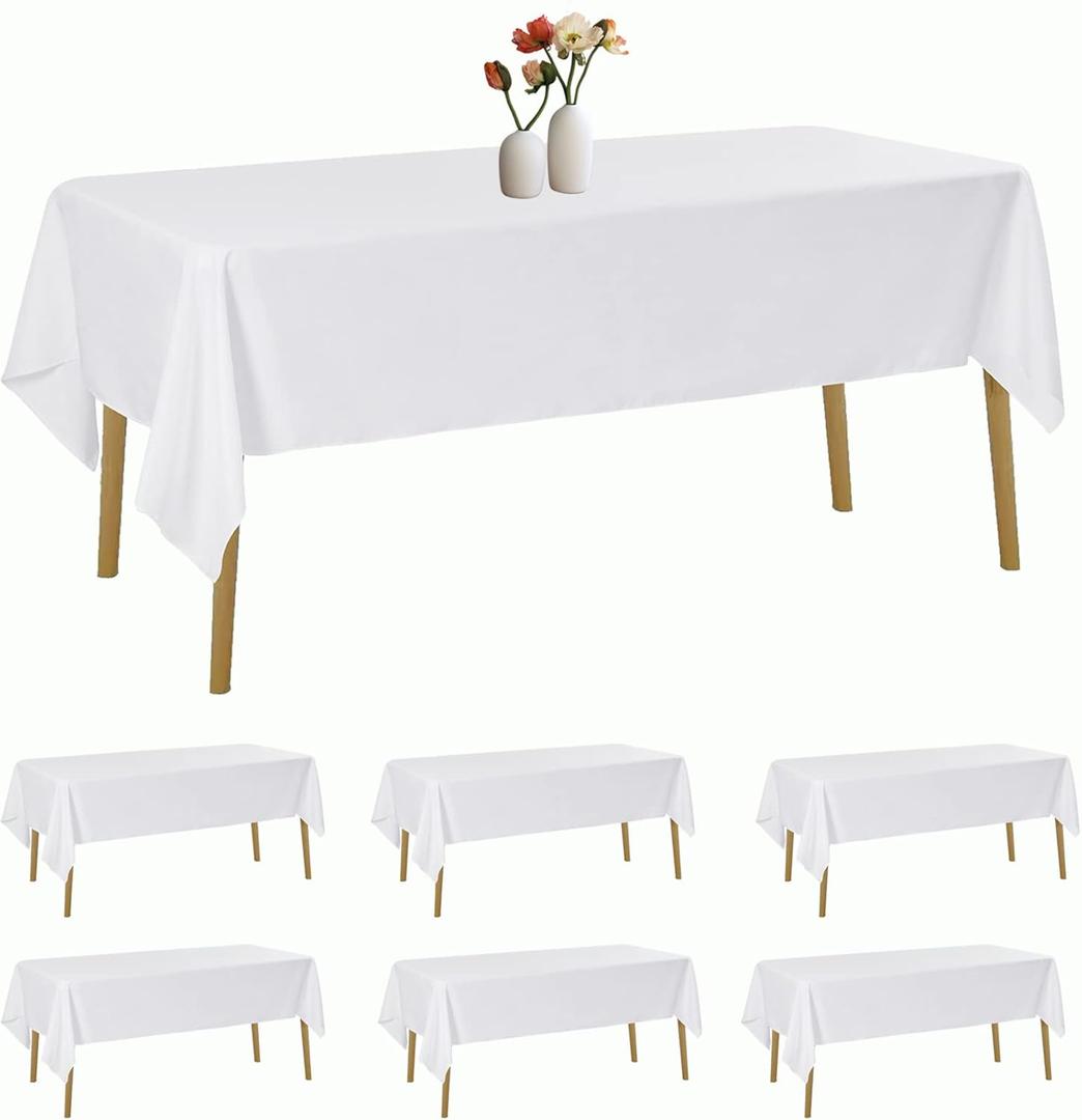 6 Pack Rectangle Tablecloth 60 x 120 Inches White Table Cloth Stain and Wrinkle Resistant Washable Polyester Fabric Table Cover for Party, Wedding and Banquet Decoration