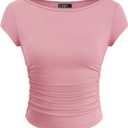 ZESICA Women's Summer Boat Neck Short Sleeve T Shirts 2026 Spring Slim Fit Y2k Going Out Crop Tops Basic Trendy Outfits (Pink, M)
