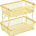 2 Tier Fruit Basket for Kitchen Counter with 2 Banana Hangers, Countertop Metal Fruit Bowl with Wooden Handle, Large Storage Stand for Vegetables, Snacks, Breads, Produce Storage rose gold