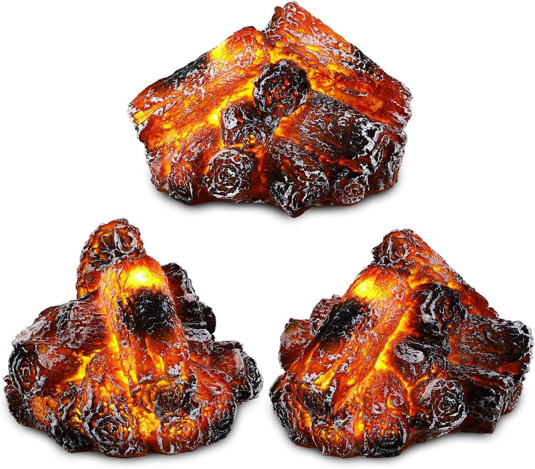 3 Pcs Flameless Fireplace Lights 3D Artificial Wood Burning Flame with Realistic Log Artificial Fire Flames Simulation Charcoal Flame Lamp for Christmas Home Decor