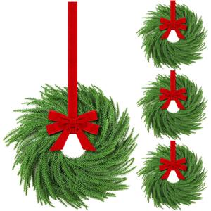 Hotop 4 Set Mini Christmas Wreath for Cabinet Kitchen Windows Decors Bulk with Red Bow Small Artificial Norfolk Farmhouse Wreaths with Berry Pine Cone for Fireplace Front Door Porch Wall Hanging