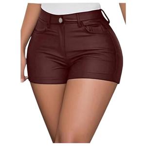 Verdusa Women's Y2K Double Button PU Leather Skinny Shorts Rave High Waisted Micro Shorts with Pockets Burgundy Medium