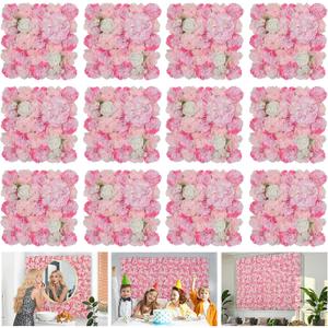 Flower Wall Backdrop 12-Pack 16.5x16.5 Inch Artificial Rose Silk Flowers Panels-Floral Wall Panel Wedding Photo Backdrop, Photography Backdrop, Event Party Decoration-Pink