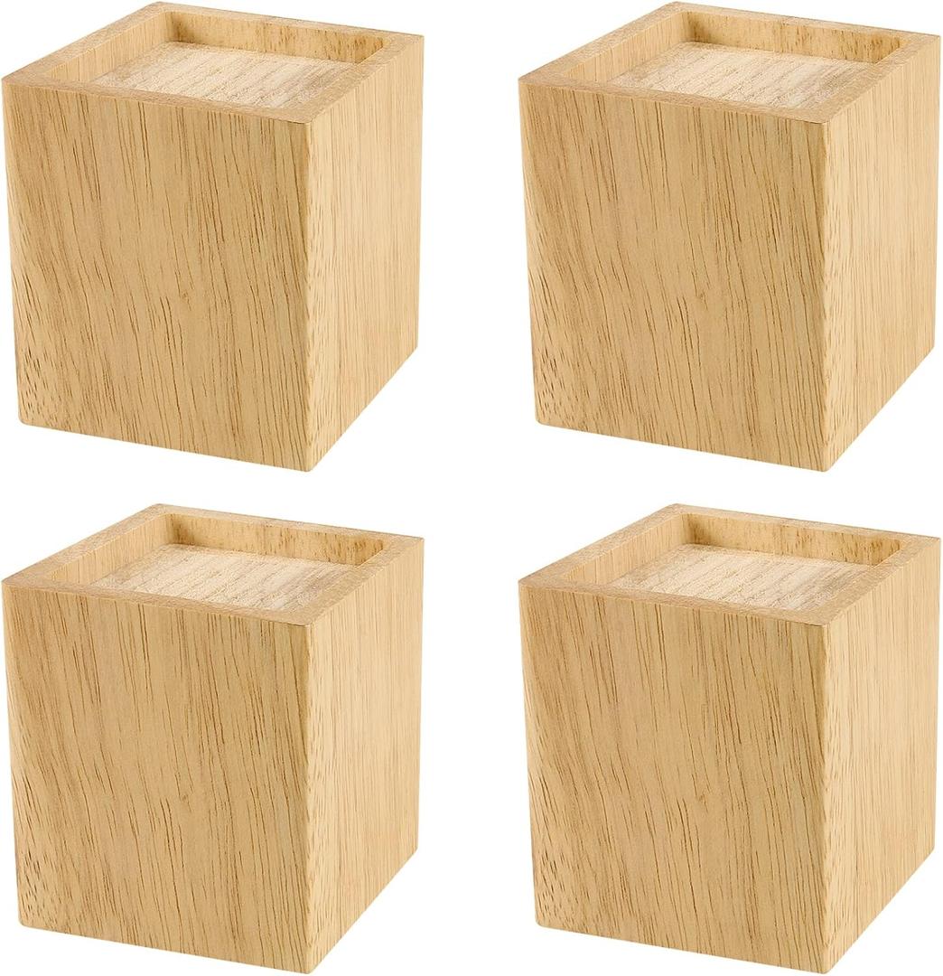 SINJEUN 4 Pack 4 Inch Solid Wood Bed Risers, Natural Square Wood Furniture Lifters, Wood Extenders Stilts for Table, Sofa, Armchairs, Cabinets