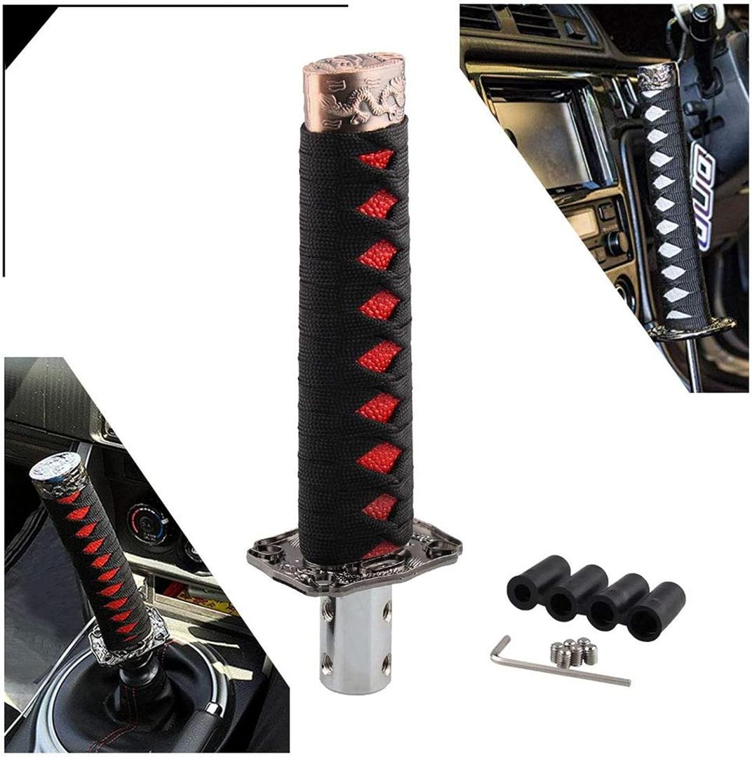 RYANSTAR Katana Shift Knob Samurai Sword Gear Shifter with 4 Adapters Universal Fit Compatible with Manual Cars Most Automatic Cars with 4 Adapters Black+Red