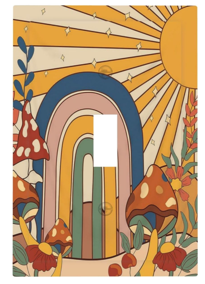 XFYGBY Decorative Light Switch Plate Covers Boho Arch Mid Century Gold Sun Mushroom 1 Gang Light Switch Cover Plate Single Toggle Wall Plate Outlet Covers Faceplate for Home Decor (2 Pack)
