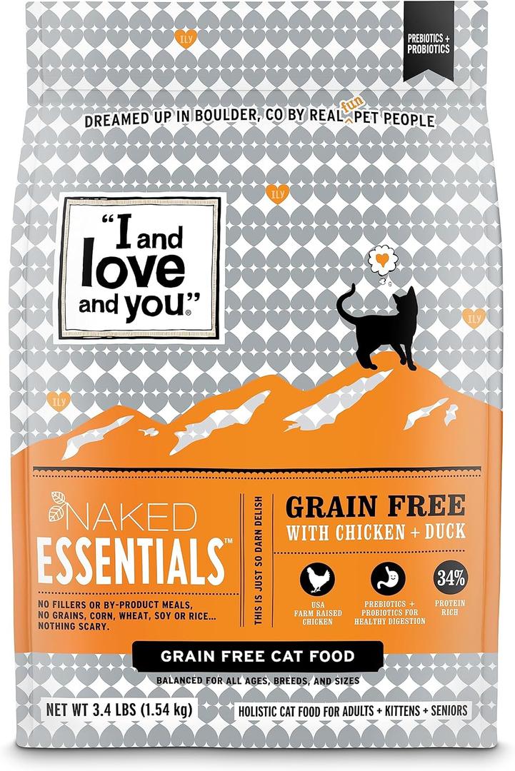 I and love and you Naked Essentials Dry Cat Food - Chicken + Duck - Grain Free, Real Meat, No Fillers, Prebiotics + Probiotics, 3.4lb Bag (EXP 07/07/27)