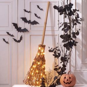 Seenelling 48" Halloween Decor Rattan Witch Broom with LED Light, Wood Color