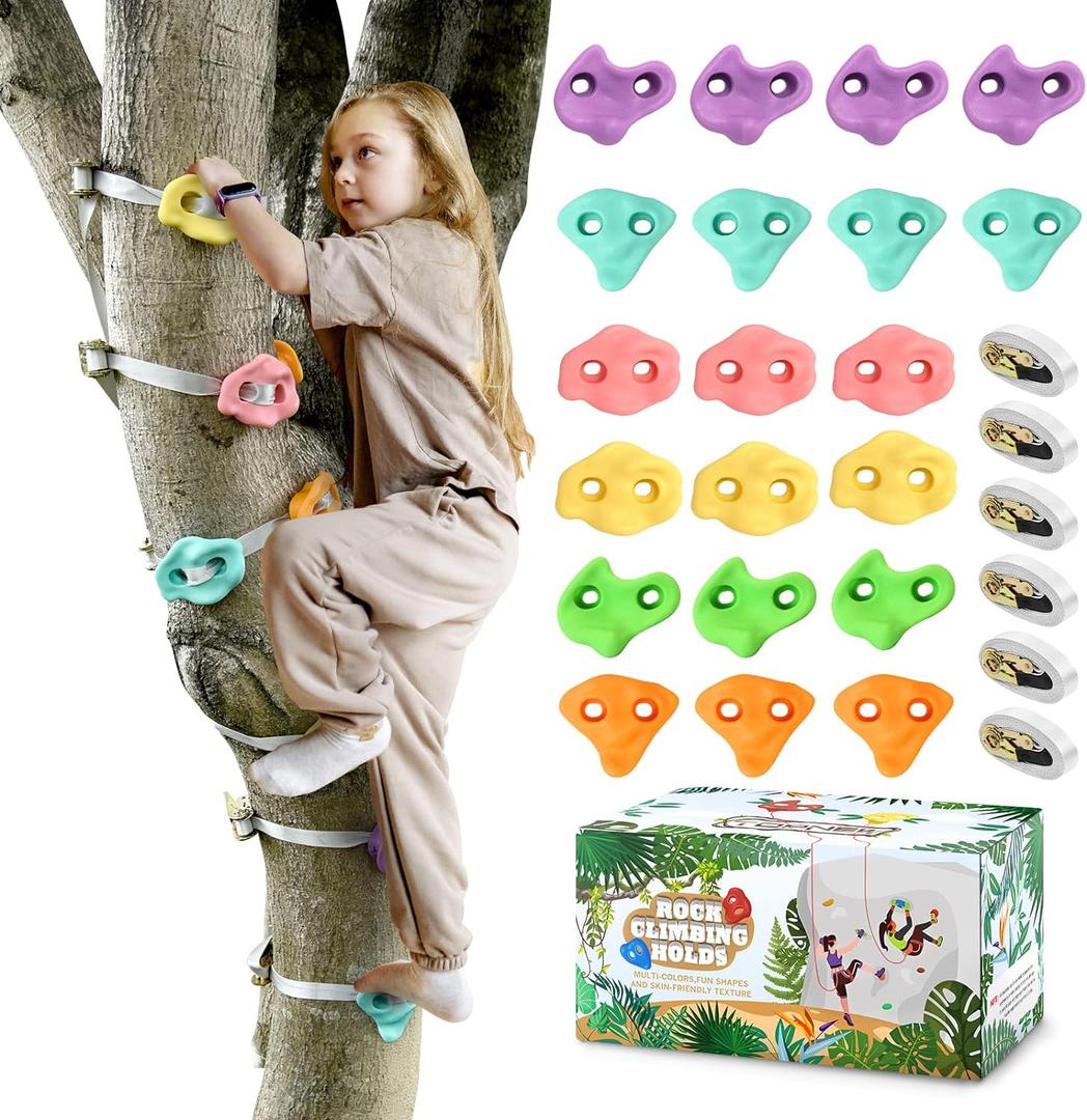 TOPNEW 20 Ninja Tree Climbing Holds for Kids Climber, Adult Climbing Rocks with 6 Ratchet Straps for Outdoor Ninja Warrior Obstacle Course Training, Soft Color