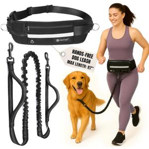 Tails & Tales Hands Free Waist Leash for Dog Walking Running Hiking with Zipper Pouch, Adjustable Belt, Dual Padded Handles, Reflective Bungee Design for Small to Large 100lb Dogs (Black)