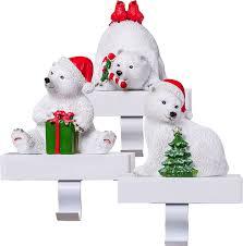 UNIQOOO Handmade White Polar Bear Christmas Stocking Holders, Large 3Pcs Mantel Hook Set with Base Pads, Holds 2 Lb, Cubs with Xmas Tree, Candy Cane, Birds Fireplace Stocking Hanger Décor for Garlands