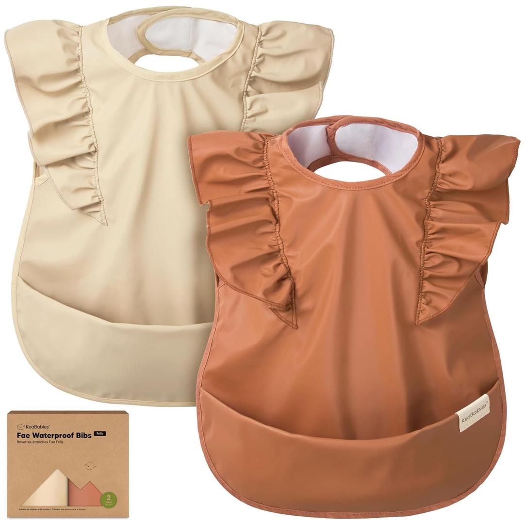 KeaBabies Waterproof Bibs for Baby Girl,Boy  2-Pack Lightweight, Large Baby Bibs for Eating, Wearable Food Catcher, 6-12 Months Infant Feeding Essentials, Smock for Toddlers 1-3, Kids (Terracotta) (Frills)