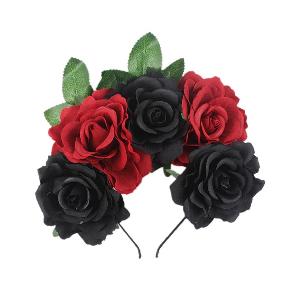 Women's Rose Flower Headband Artificial Flower Hairband Mexico Floral Crown Headpiece (Black Red, Pack of 1)